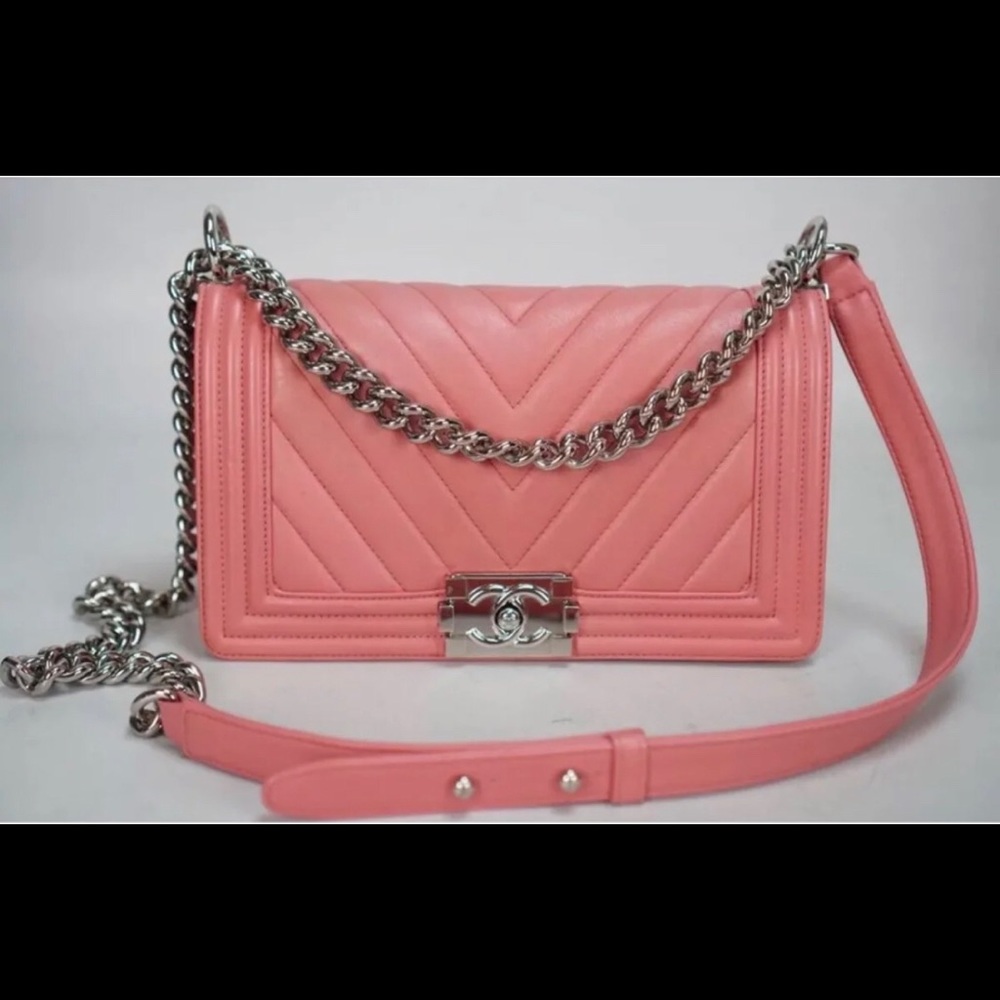 Authentic CHANEL Pink Boy Bag Flap Chevron medium